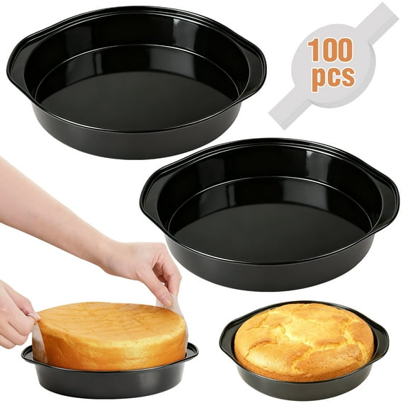 8 Inch Round Cake Pan Set of 3, Nonstick Heavy-Duty Carbon Steel Cheesecake Pan with Handles, Includes 100 Precut Parchment Paper Liners, Dishwasher Safe for Layered, Birthday, Wedding Cakes