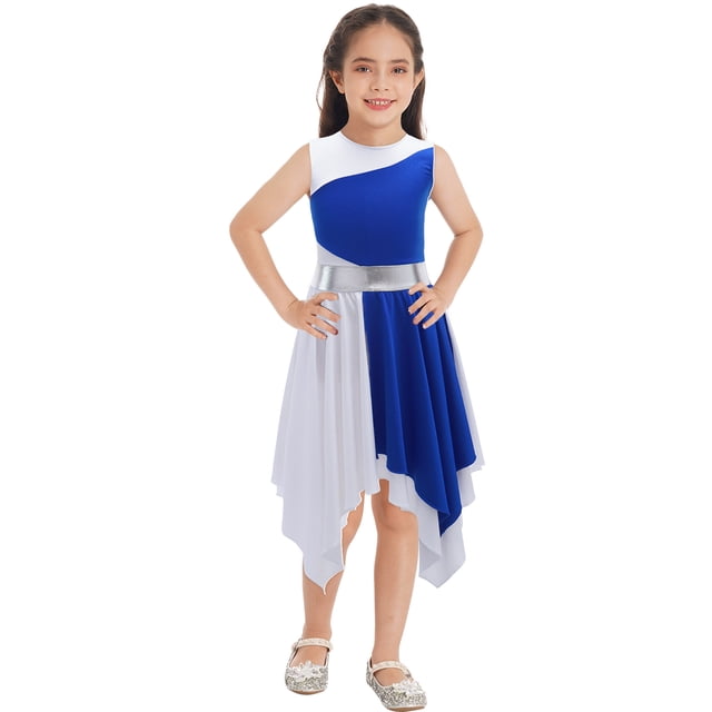 Oyolan Robe de Danse Ballet Asymétrique Sans Manches pour Filles, Robe d'Église à Blocs de Couleur Bleu&Blanc 8