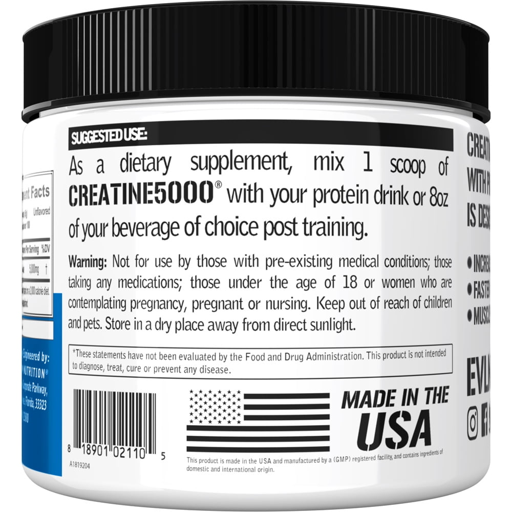 Evlution Nutrition Creatine 5000 - Supports Faster Recovery, Lean Muscle Growth & Performance - Pre & Post Workout Powder - 5000mg Pure Creatine Monohydrate Per Serving - 100 Servings - Unflavored