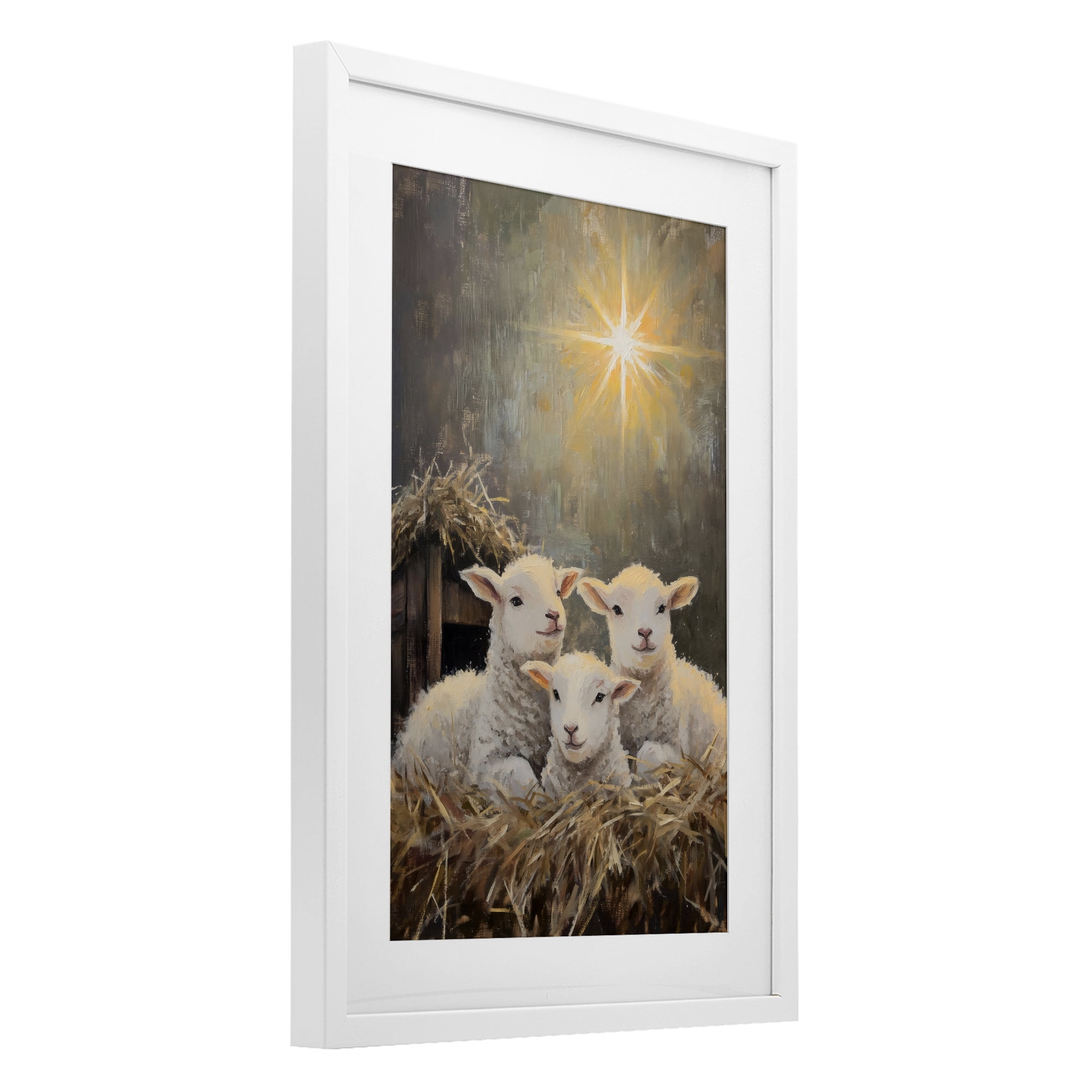 Festive Lambs in Stable White Framed Print Under Glass, design by Petal Prints Design