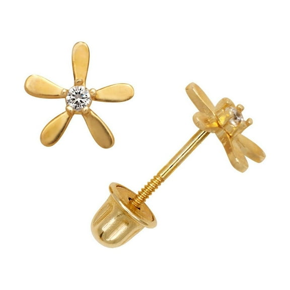 Jewelry Web Solid 14k Gold Flower shaped Cubic Zirconia CZ Screw Back Stud Earrings Yellow Gold-Stud Earring for Women
