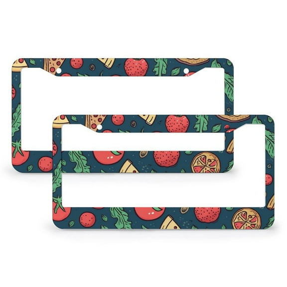 2 Pcs Set Funny Food Pizza License Plate Cover Italian Food Car License Plate Frame Quality Aluminum 2 Round Holes for Women Men US Vehicles Standard