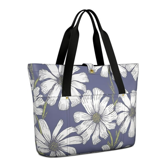 Floral Women's Large Foldable Tote Bag with Zipper - 20L Travel Carryall Shoulder Bag Weekender Handbag for School, Work, Gym, Shopping - Fits 15.6" Laptop, Folds Into Pouch, Purple