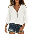 thumbnail image 2 of Elwylmiz Women's 3/4 Sleeve Tops Lace Up V Neck Blouses Boho Ruffled Trim Loose Fit Casual Shirts Summer Fall Outfits, 2 of 8
