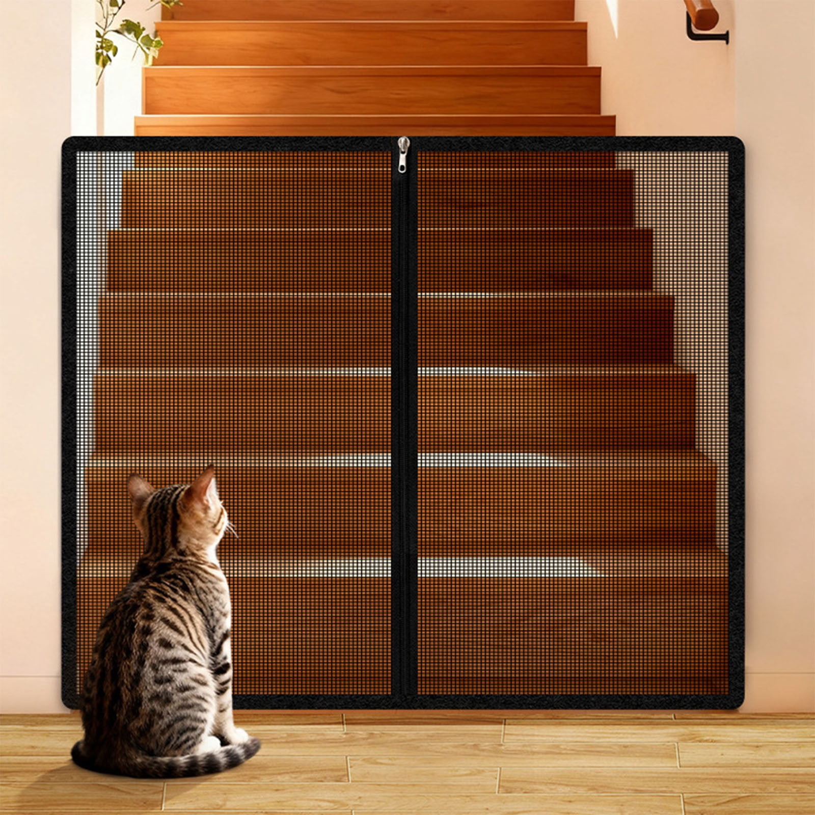cpengpj No Drill Pet Barrier with Zippered Door, Black Polyester Mesh Gate for Cats and Dogs, Escape Proof, Easy Installation, Home Safety, 85x85cm