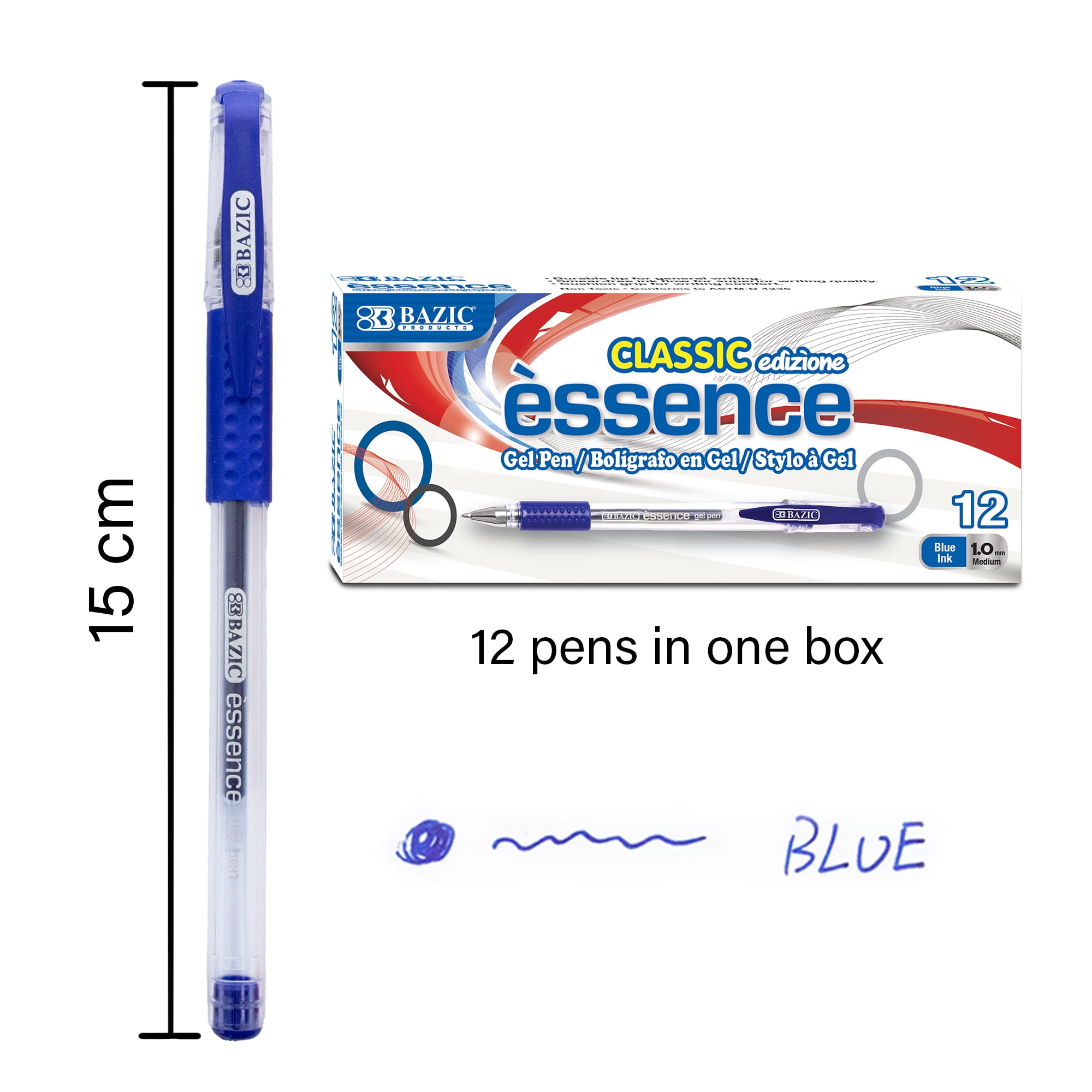 BAZIC Essence Gel Pen, Medium Point 1.0mm Blue Pen, Comfort Grip, 12 Count, 4-Packs