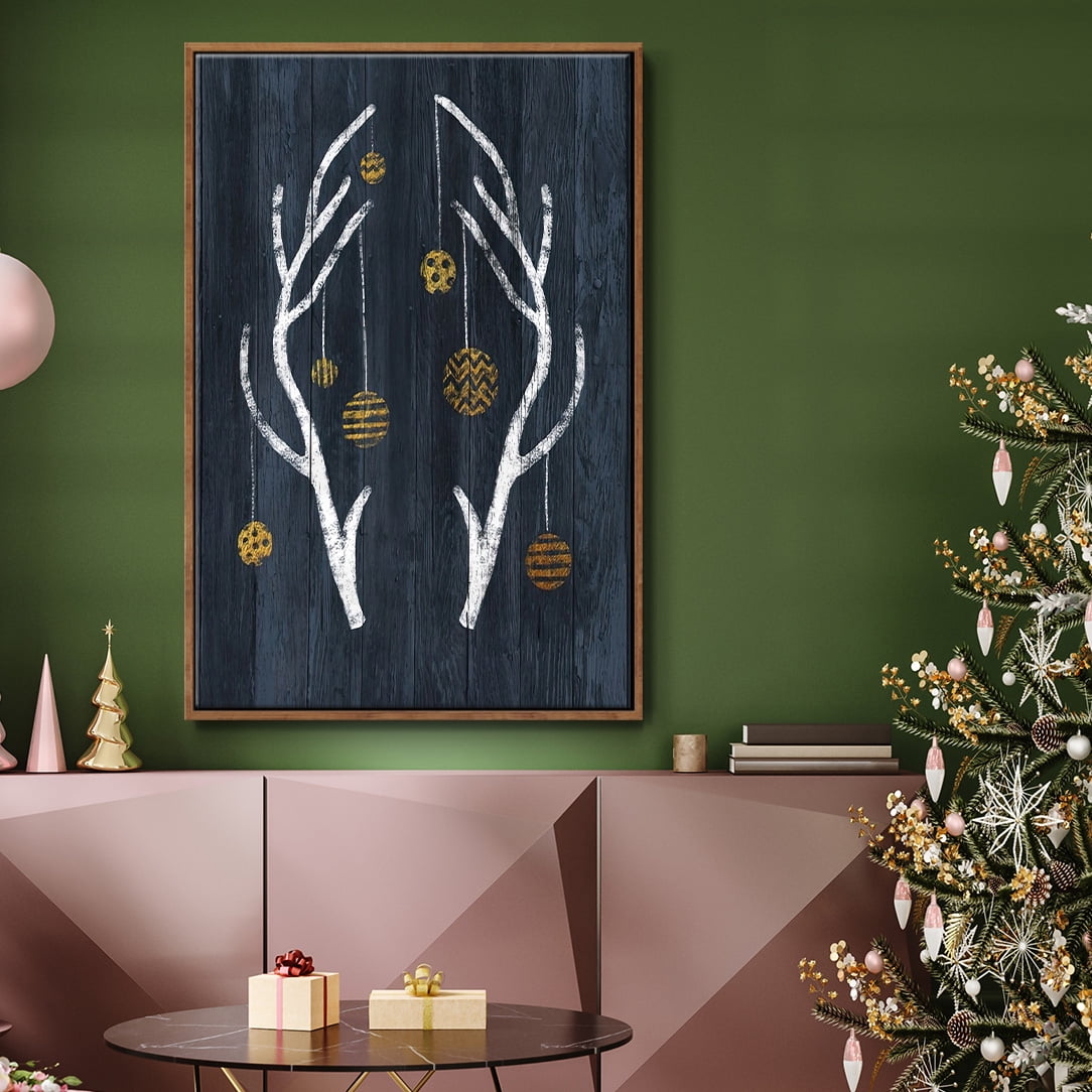Antlers & Ornaments - Framed Gallery Wrapped Holiday Canvas - 27 x 41 - Rosewood Frame