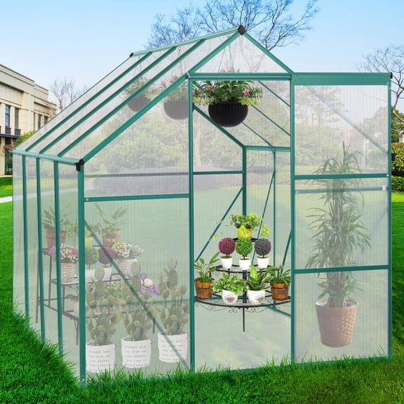SYNGAR 8' x 6' Walk-in Polycarbonate Greenhouse, Outdoor Garden Greenhouse for Plants in Winter, with Heavy Duty Metal Frame, Adjustable Roof Vent, Rain Gutter and Sliding Door, D6351