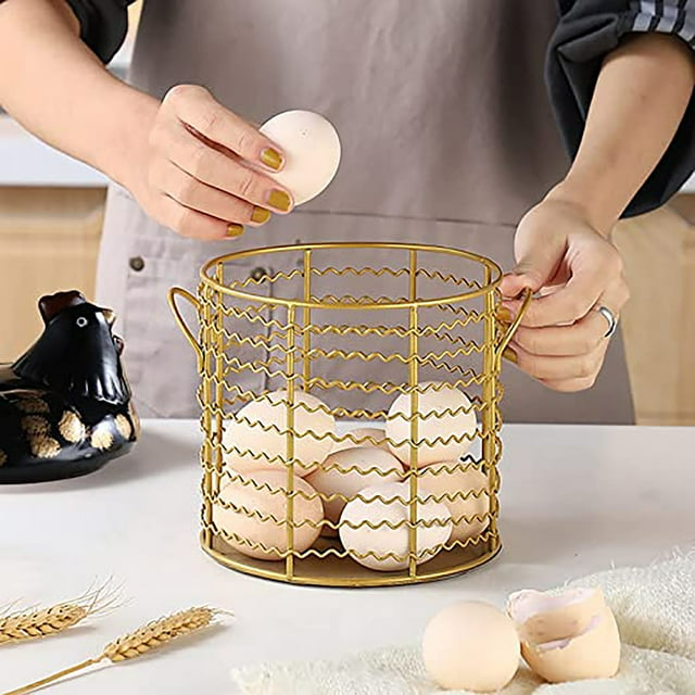 CRCMURE Food Storage Colorful Design Eggs Basket Ceramic Chicken Shaped Lid Round Wire Basket Bottom Handle Metal Wire Eggs Storage Basket With Ceramic Farm Chicken Cover Farmer Style