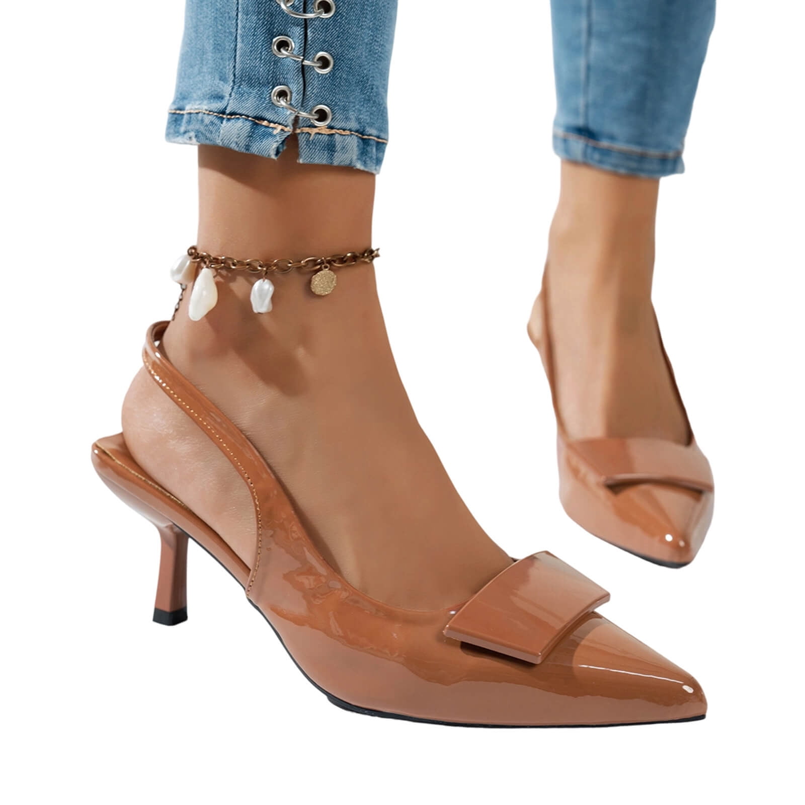 Bkhluea Women Square Front Bow Patent Slingback Kitten Heel Pumps Pointed Toe Elegant Footwear For Party Office Casual Outdoor Evening Wedding