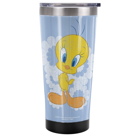 Looney Tunes Official Floral Distress Tweety 20 oz Travel Tumbler, Stainless Steel, Vacuum Insulated with Leak Resistant Slide-Lock Lid