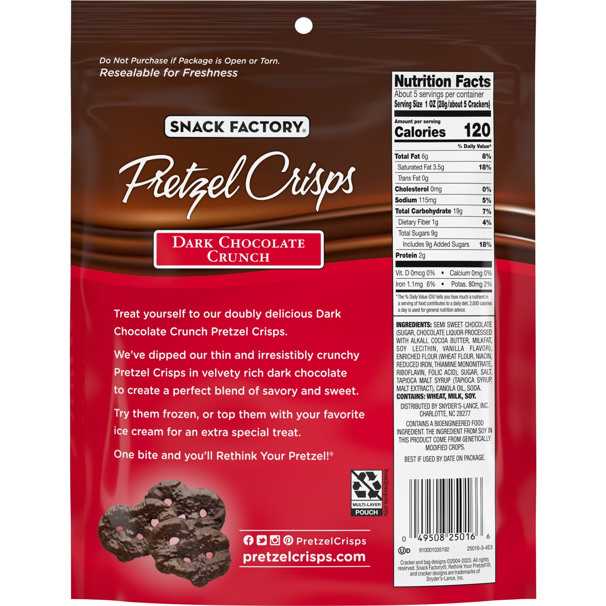 (3 pack) Snack Factory Pretzel Crisps, Dark Chocolate Covered Pretzels, 5.5 oz