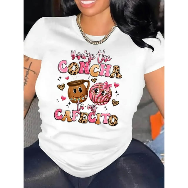 Motif Beignet Anglais Imprimé Tendance Col Rond Manches Courtes, T-Shirt de Sport Simple et Décontracté, Haut d'Été Confortable pour Femmes pendant les Vacances. Fête des Pères, Fête des Mères, Nouvel An, Sp