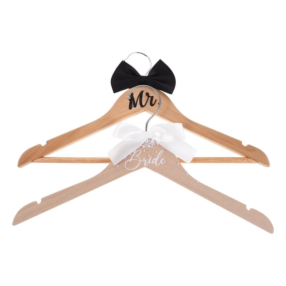 EXHUMKY 2-Pack Wooden Wedding Dress and Groom Suit Hangers with Elegant Bow Tie for Bridal Shower and Wedding Display Decor