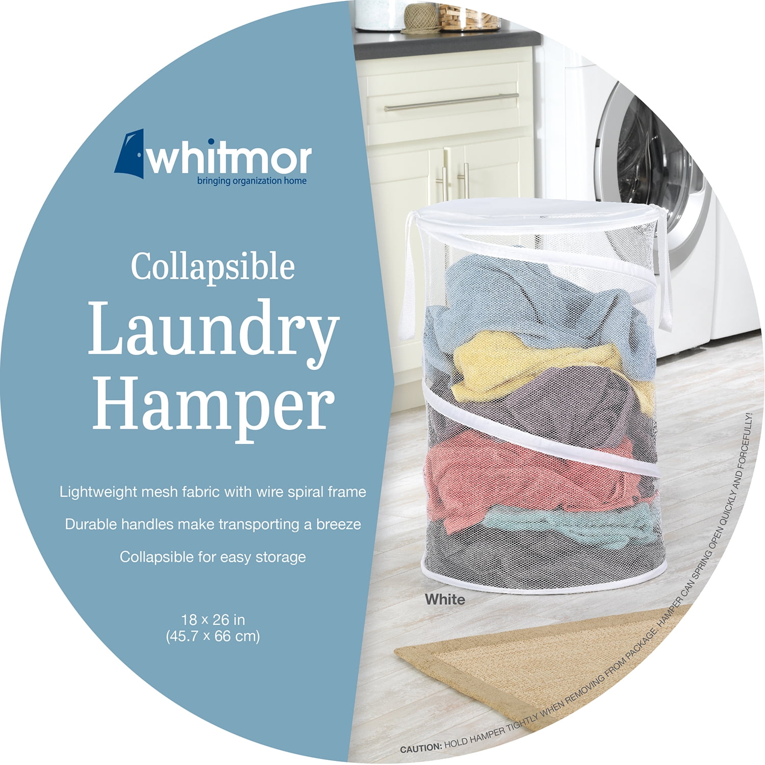 Whitmor Collapsible Mesh Laundry Hamper with Handles, White, for  Adult or Teen Use