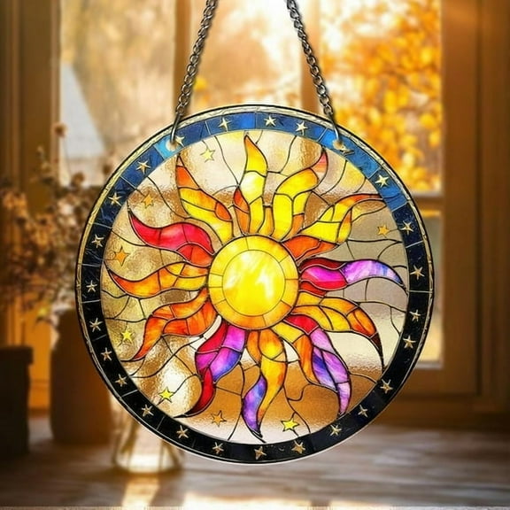 Boho Sun STAINED GLASS Suncatcher Vibrant Celestial Sun Face Window Hanging Colorful Sunburst Art Panel for Garden or Home Decor Gifts