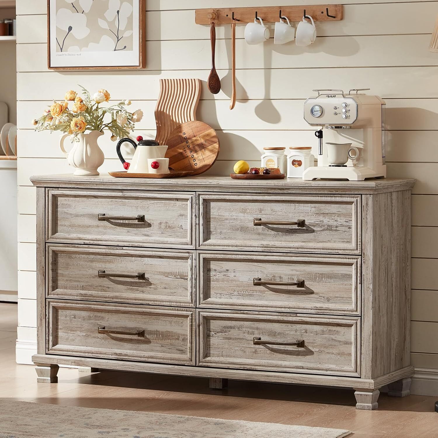 LELELINKY 6 Drawer Wood Dresser Furniture, Double Tier Storage Cabinet for Bedroom & Living Room, Grey Finish