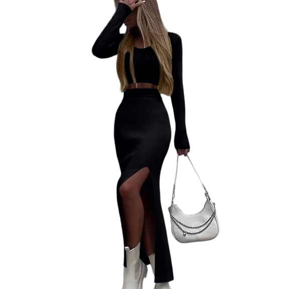 Women'S Solid Color Knitted Round Neck Long Sleeve Top Slit Long Skirt Two-Piece Set