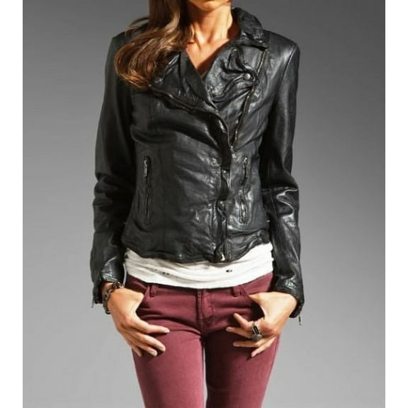 Noora Women's fitted Black leather jacket with notched collar ST0235