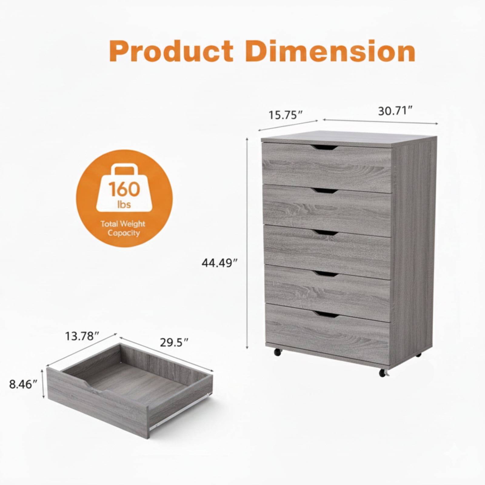 Gray 5‑Drawer Dresser with Lockable Wheels, Modern Mobile Storage Cabinet with Cut‑Out Handles