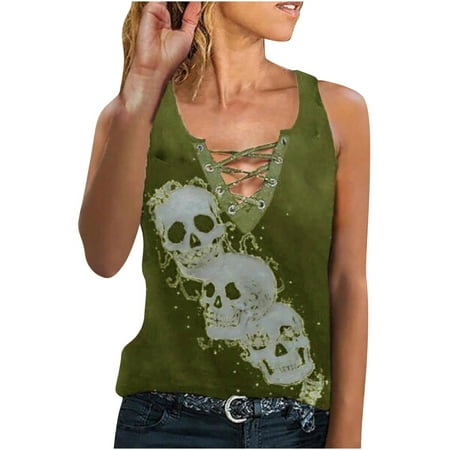 

Graphic Tank Tops for Women Loose Sleeveless Causal Trendy Summer Shirts V Neck Criss Cross Skull Printed T Shirt