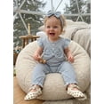 thumbnail image 6 of BemeyourBBs Newborn Baby Girl Spring Summer Fall Clothes Infant Baby Girl Waffled Romper One Piece Outfit Ruffled Flying Short Sleeve Front Bow Stripes Jumpsuit with Headband, 6 of 9