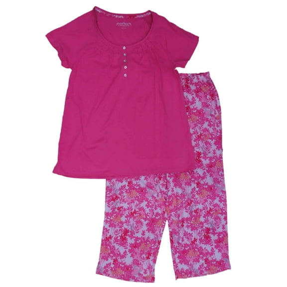 Womens Pink Ruched Lightweight Floral Knit Pajamas Short Sleeve Sleep Set