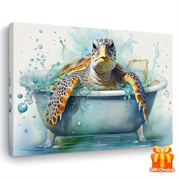 1pc Wooden Framed Canvas Painting - Funny Turtle in the Bathtub, Vibrant Wall Art for Living Room, Bedroom, Kitchen, Home & Office Decor, Festival Gift for Her or Him