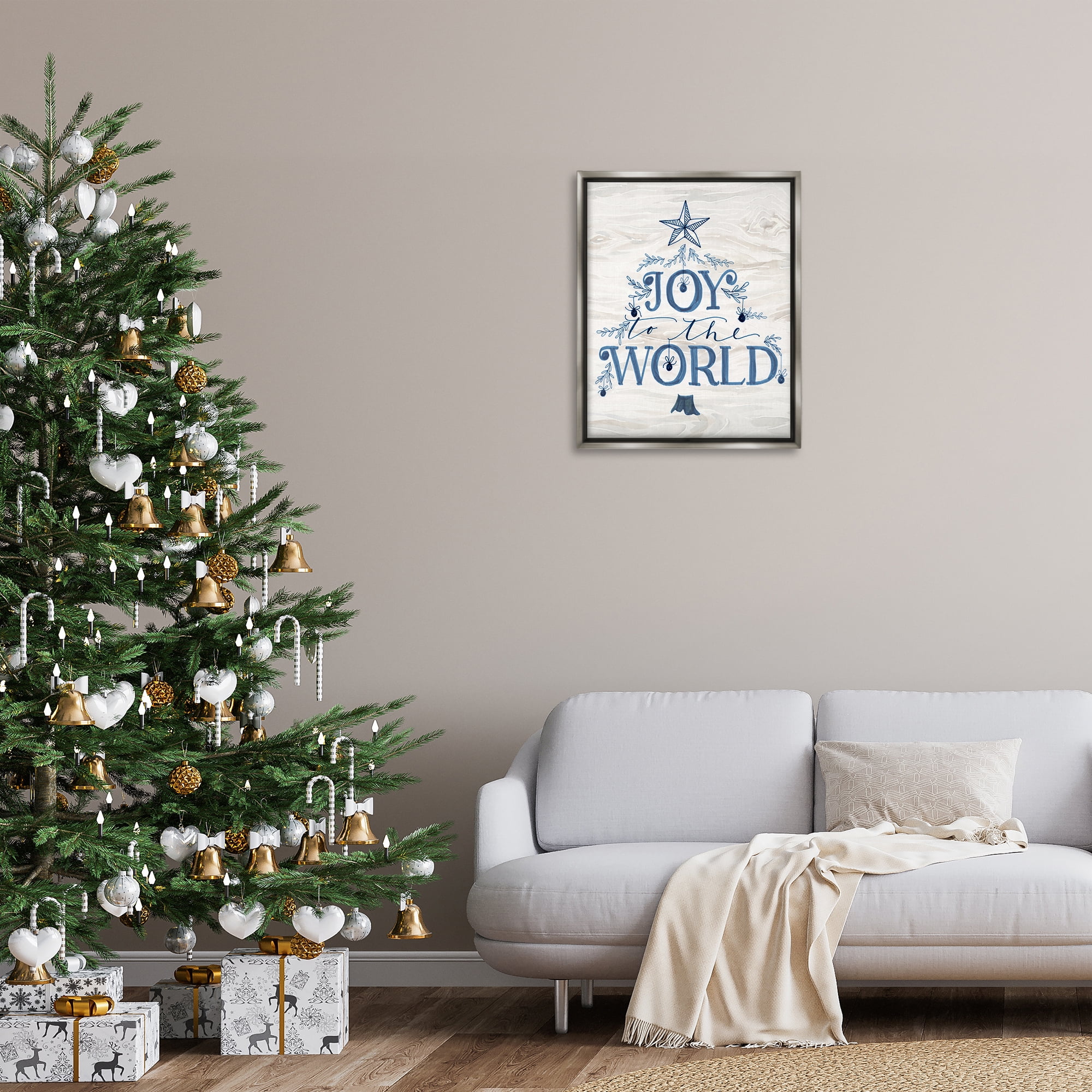 Stupell Industries Joy To World Tree Holiday Painting Gray Floater Framed Canvas Art Prints Wall Art, 25 x 31