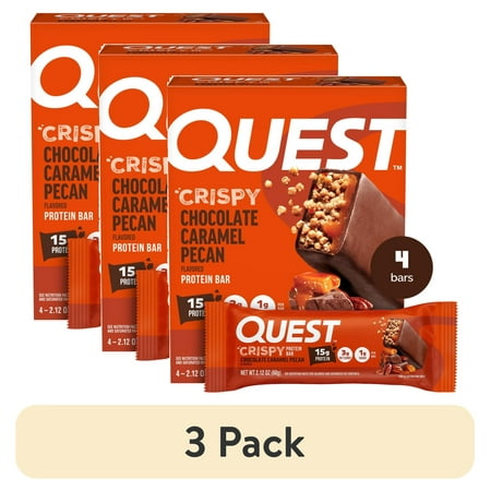 (3 pack) Quest Crispy Protein Bar, 15g Protein, Chocolate Caramel Pecan Flavored, Gluten Free, 4 Count
