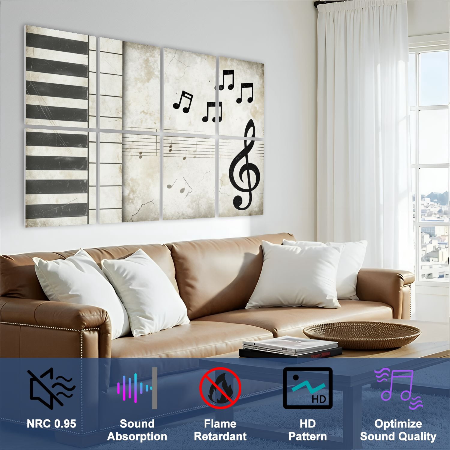 Musical 8 Pack Art Acoustic Panels Sound Absorbing Vintage Music Piano Keys Treble Clef Floating Musical Decorative Soundproof Wall Panels Self Adhesive for Nursery Game Room Music Classroom 48"x32"