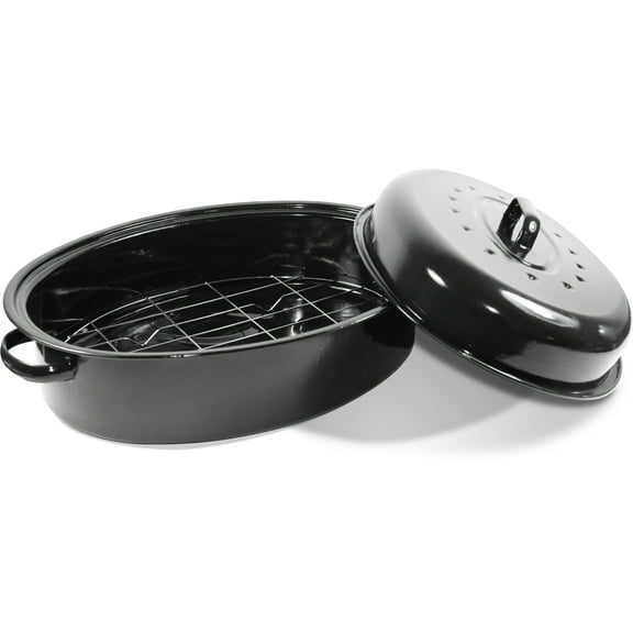 Lexi Home 16" x 12" Carbon Steel Oval Roasting Pan with Rack and Lid