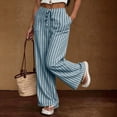 thumbnail image 3 of Textilo Summer Casual Striped Pants for Women Wide Leg Drawstring Pant with Pockets Elastic Waist Trouser Lightweight Comfy Lounge Summer Beach Boho Clothes,Blue L, 3 of 5