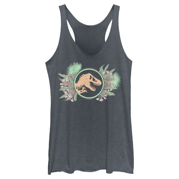 Women's Jurassic World Floral T-Rex Logo Racerback Tank Top Navy Blue Heather Small
