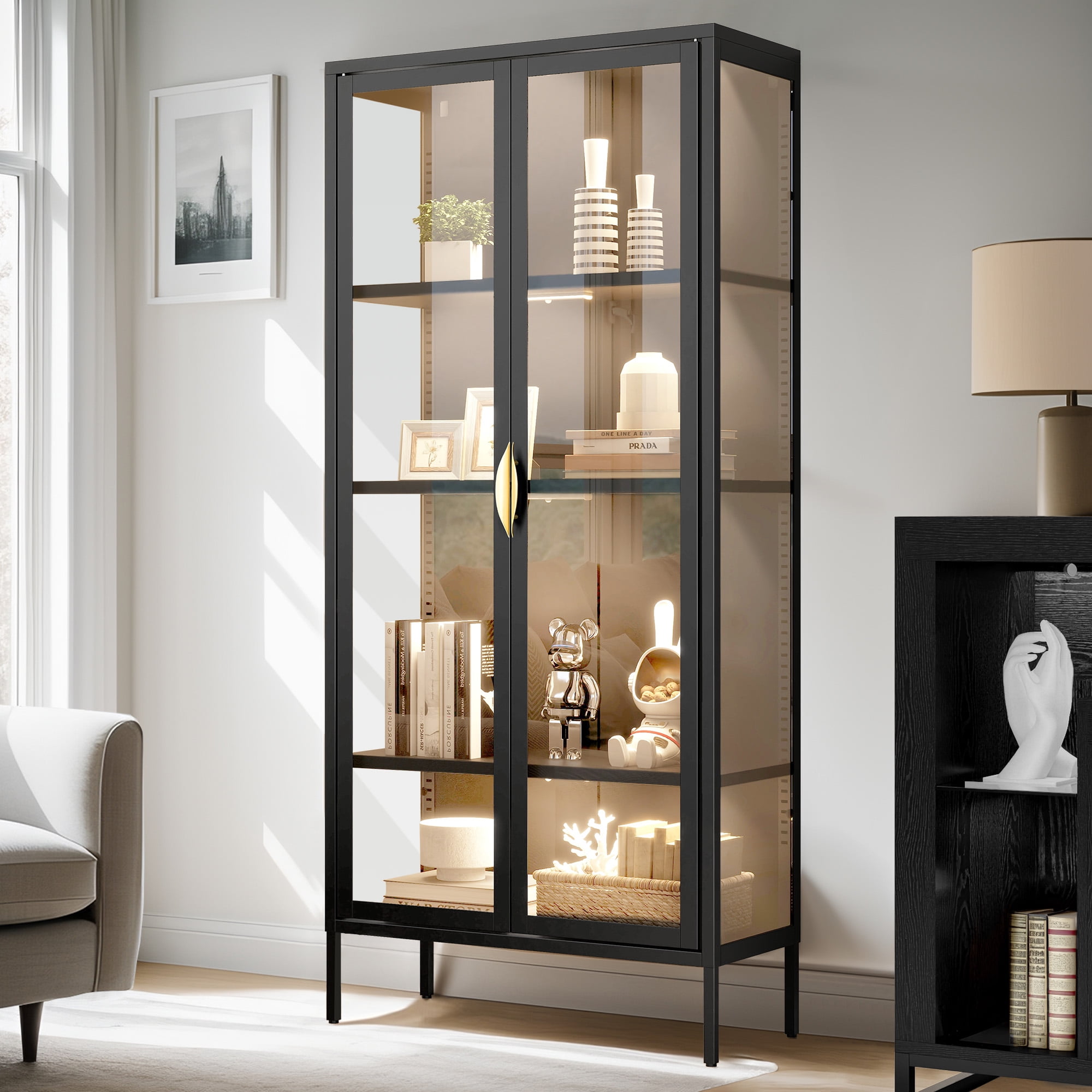 Dextrus 71.8" H Tall Storage Cabinet with LED Light, Display Cabinet with Glass Door, Curio Cabinet Trophy Display Case