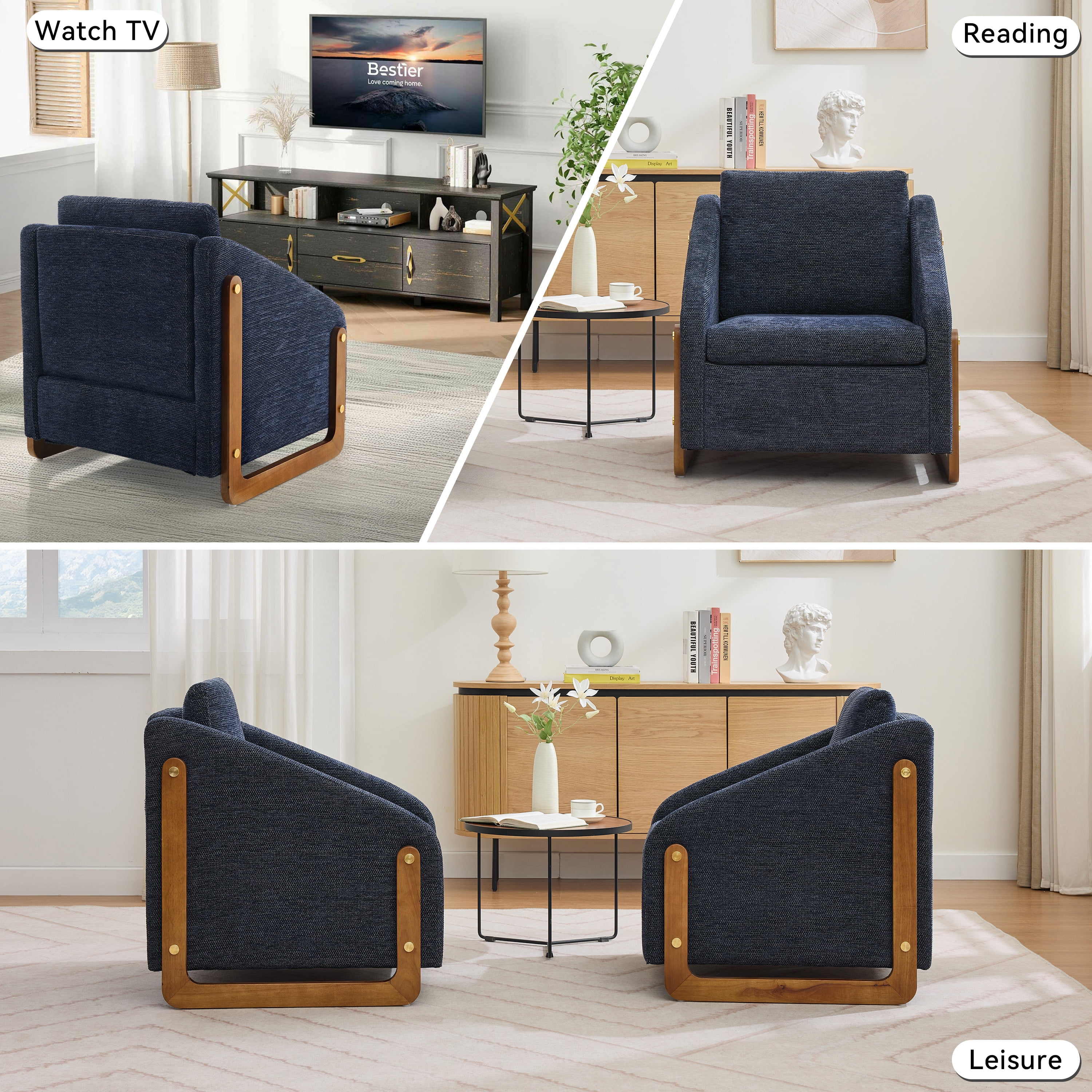 Aukfa Accent Chair, Plush Chenille Modern Arm Chair with Naihead Trim, Blue