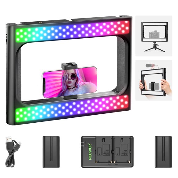 Neewer RGB LED Ring Light Selfie Light 360 Full Color Smartphone Video Rig & Phone Video Stabilizer 2500K~10000K CRI 97+ LED Light with Battery & Charger for YouTube/TikTok/Vlog/Makeup/Filmmaking