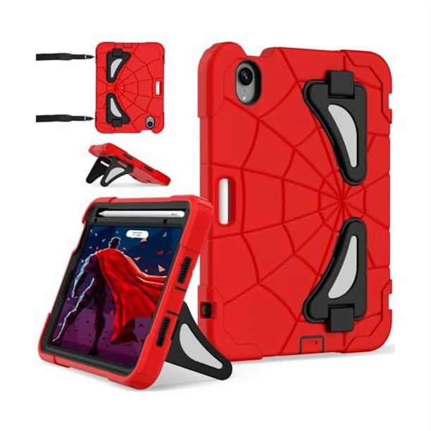 wonim11 Case for iPad mini 7 (A17 Pro) 2024, iPad mini 6 Case 2021, 8.3-Inch Kids Friendly Shockproof Cover with Kickstand Shoulder Strap Pen Holder Support Pencil Pro & Pencil USB-C, Red Black