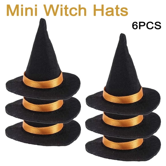 6 PCS Mini Felt Witch Hats for Crafts and Decor - Small Witch Hat Ornaments for Halloween DIY Projects, Dolls, Cupcake Toppers, Wine Bottle Caps, Party Favors, Fall Home Accents
