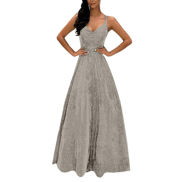 pisarro nights plus size formal dresses ZAPAKA Women Sparkly Silver Mirror Prom Dress with Slit A-Line V-Neck Party  Dress main image 1