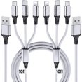 thumbnail image 1 of Cable de carga múltiple, paquete de 2 de 10 pies, cable de carga multiteléfono trenzado universal 3 en 1, cable USB múltiple extra largo con conectores USB C, micro USB para teléfonos celulares y más., 1 of 7