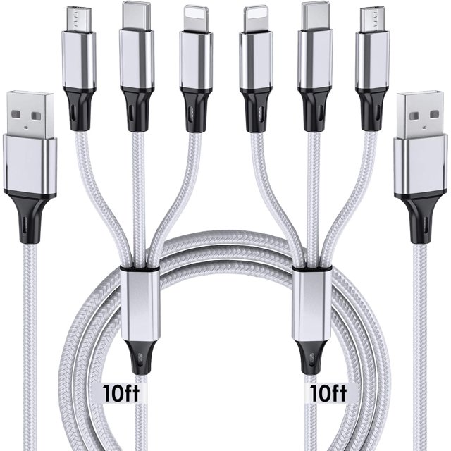 Cable de carga múltiple, paquete de 2 de 10 pies, cable de carga multiteléfono trenzado universal 3 en 1, cable USB múltiple extra largo con conectores USB C, micro USB para teléfonos celulares y más.