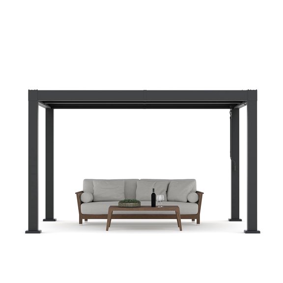 CazToi 10x12 FT All-Aluminum Louvered Pergola Hardtop Gazebo Adjustable Roof with Drainage,Black-Gray