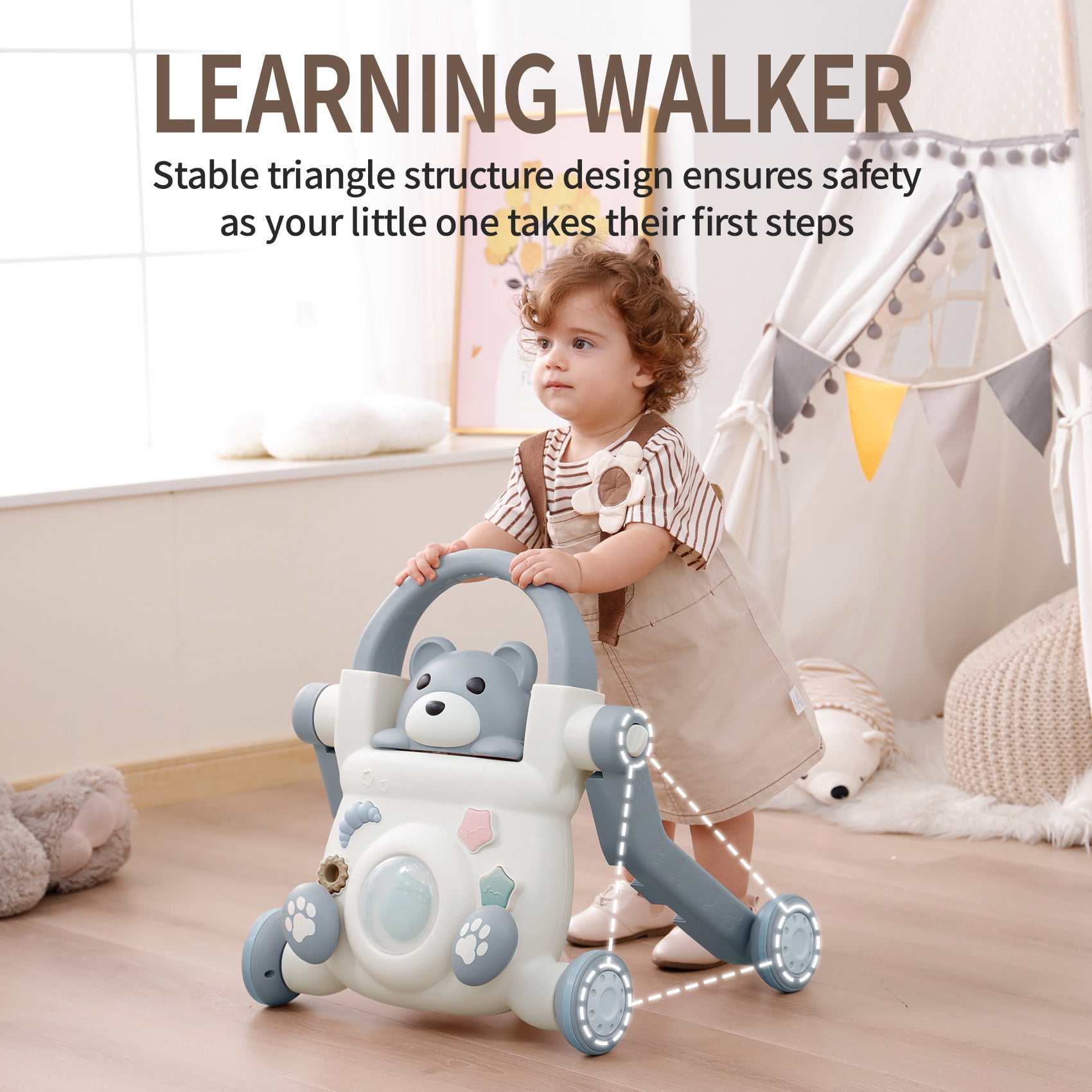UNICOO® Beginner Steps Companion™ 3-in-1 Baby Sit to Stand Learning Walker, Early Learning Push Toys, Baby Push Walker, Sliding Bike & Push Car, Balance Scooter, Toddler 6-48 (Lulluby Gray)