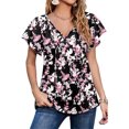 thumbnail image 2 of Chiffon Top, V Neck Chiffon Top Polyester Printed Ruffle Sleeve  For Dating Pink Flower With Black Background S, 2 of 6