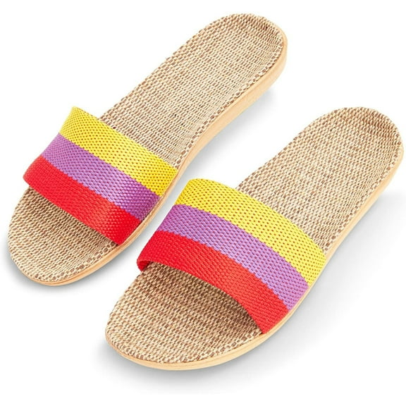 House Slippers for Women, Linen & Jute Open-toes Slides with Skipproof Breathable Sole (M, 7.5-8)