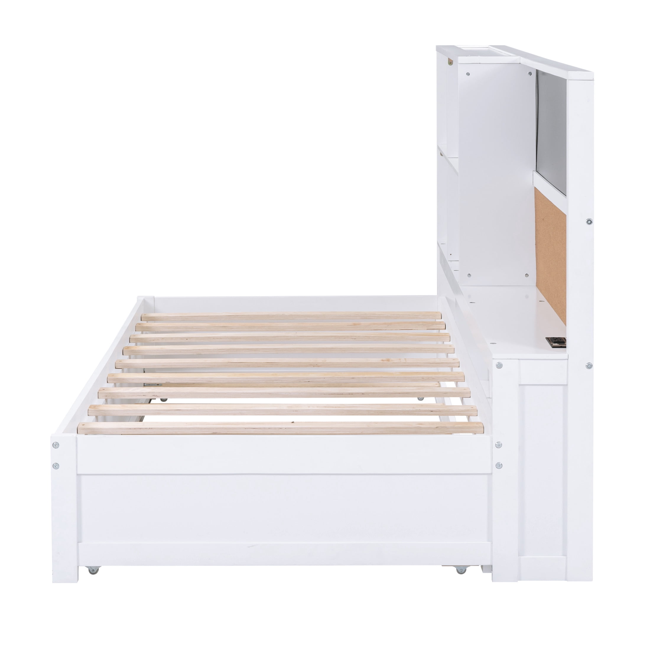 Noble House Alver Twin Daybed with Storage Shelves, Blackboard and Cork Board, USB Ports, Twin Trundle, White