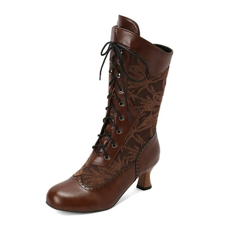 

Ediodpoh European And America Foreign Trade Autumn And Winter Lolita Women s Boots Lace Bow Leaf Lace Mid Heel Mid Leg Boots Mid Boots Womens Boots Brown 8.5