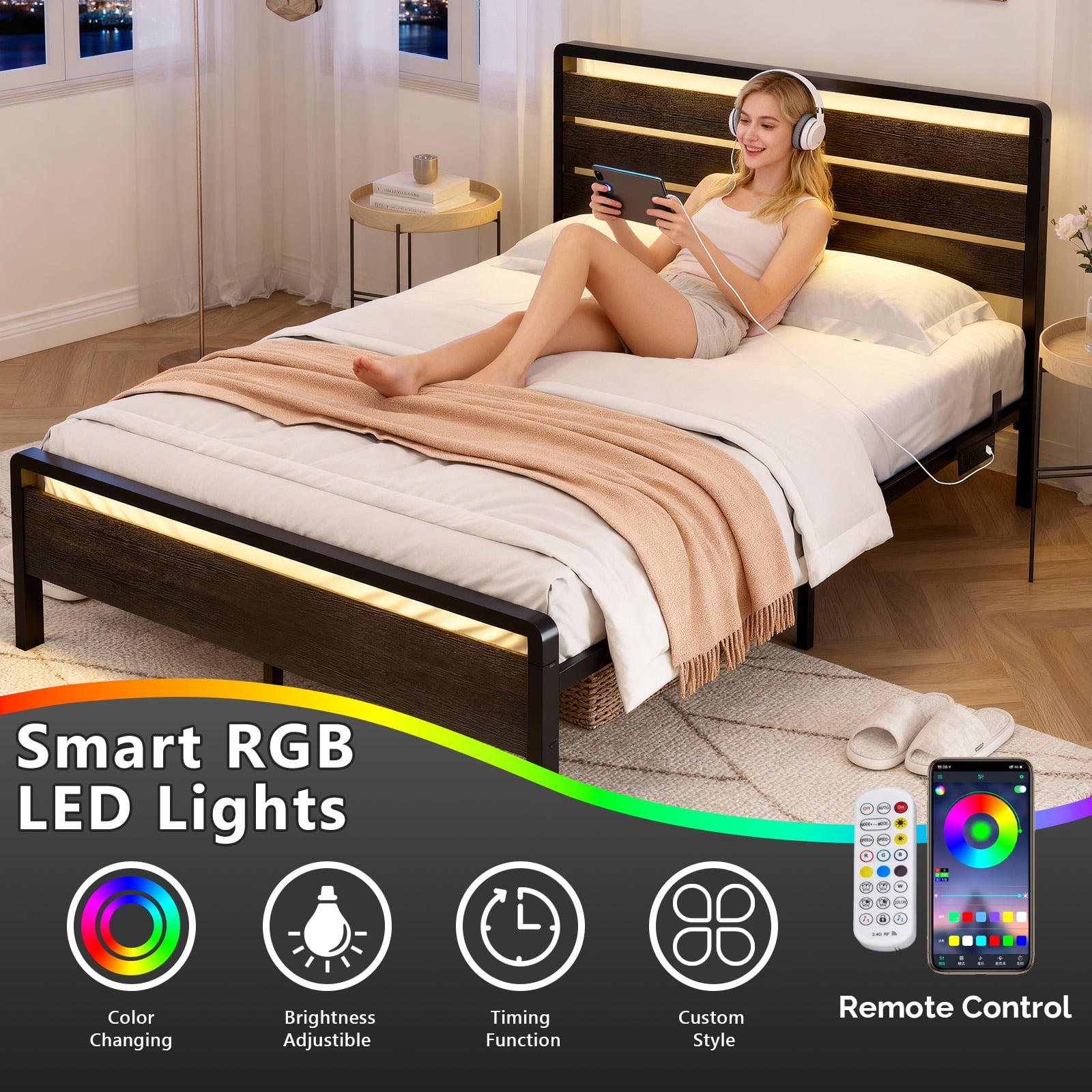Zimtown Full Platform Bed Frame with 12-Inch Under-Bed Storage, LED Lighted Headboard & Footboard, Modern Apartment Bedroom,Black
