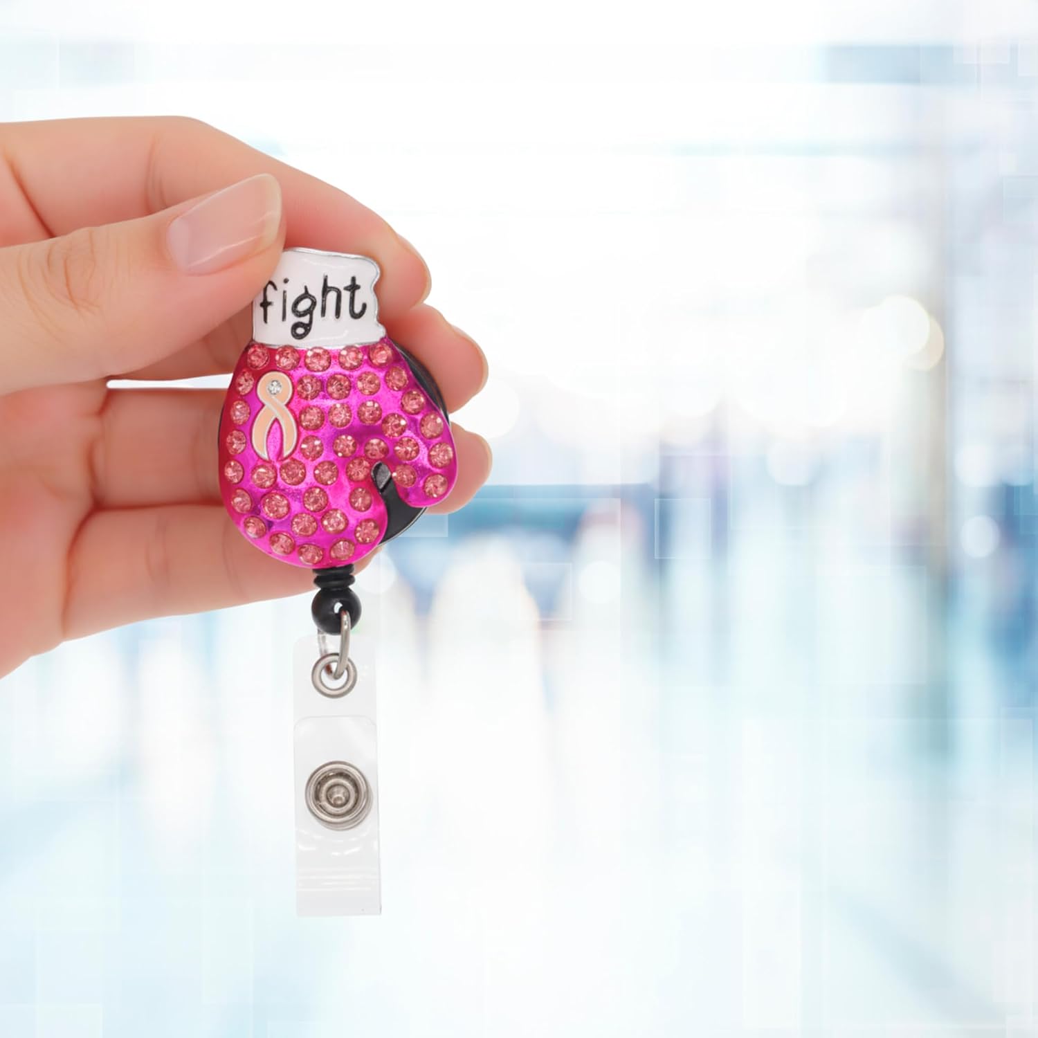 5 Pack - Fight Pink Boxing Glove Bling Badge Reel – Breast Cancer Awareness Retractable ID Holder